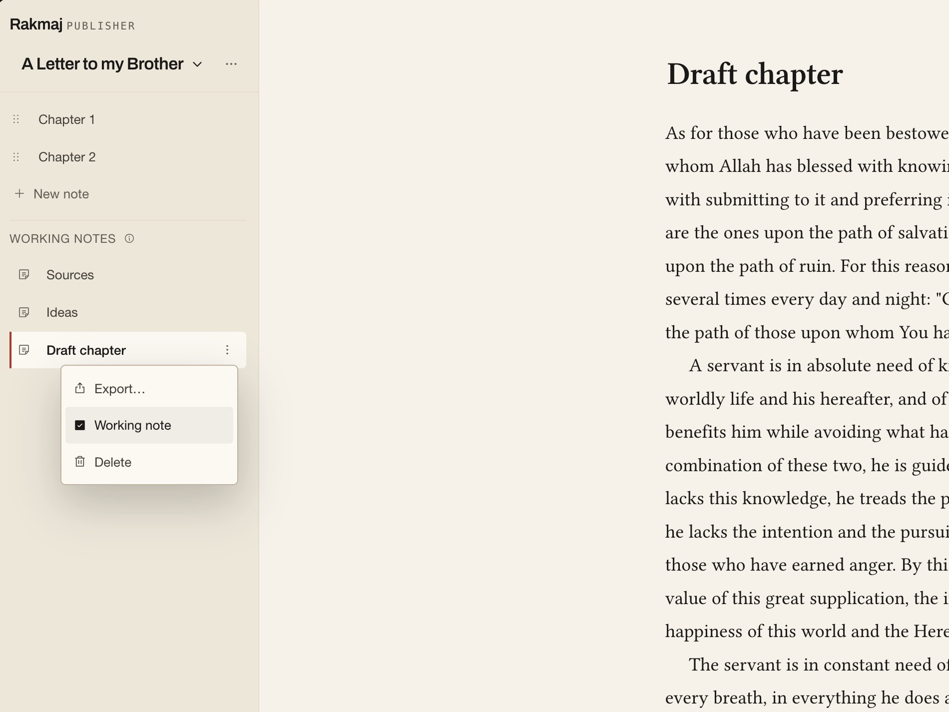 The Working note tickbox, and a note moving above the line